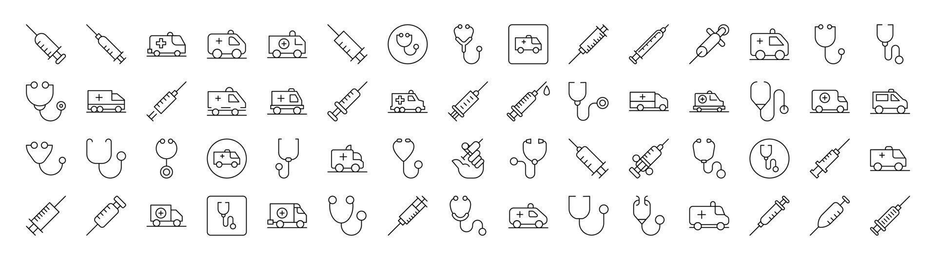Medicine Related Simple Symbol Set. Contains Icons of Ambulance, Stethoscope, Syringe for Banners, Infographics, Books, Articles and Other Types of Design vector