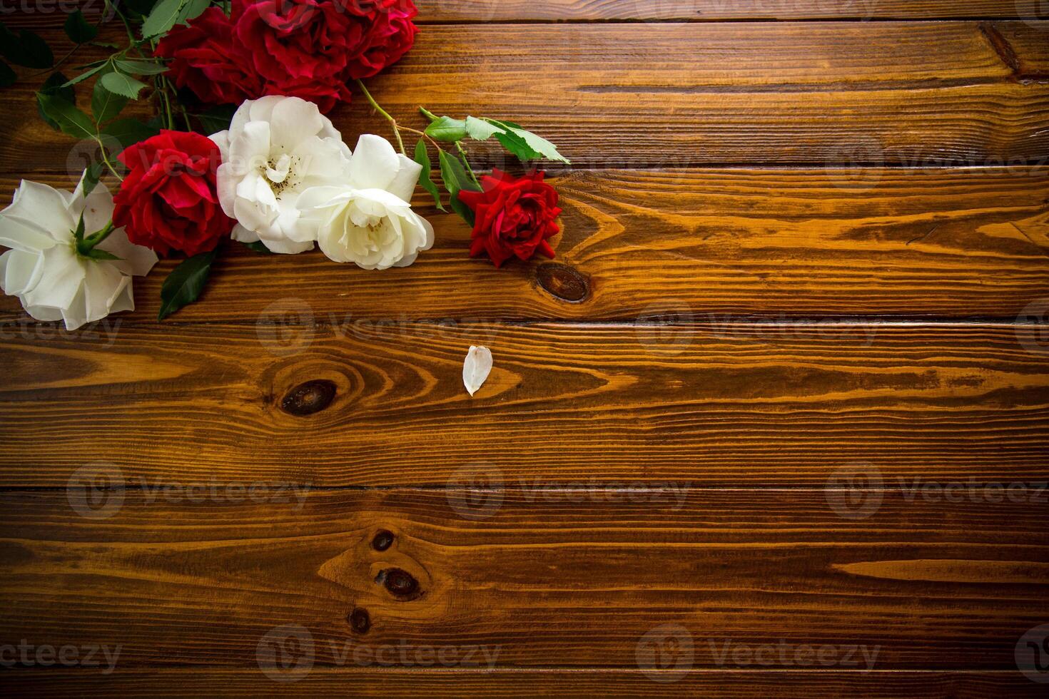beautiful background of many red roses on a dark wooden background photo