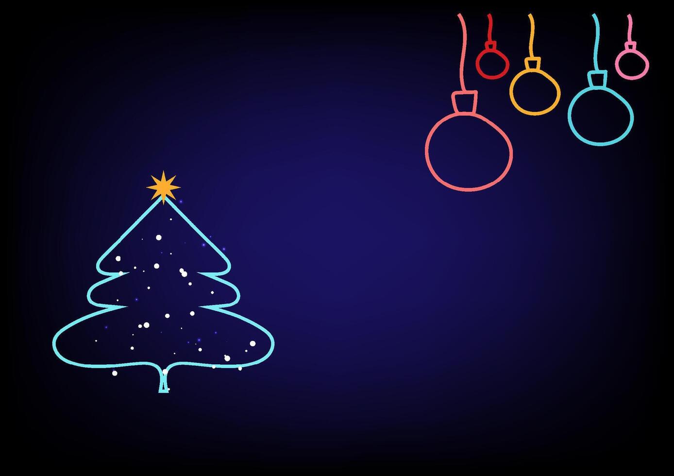 The green line of the Christmas tree with a shiny golden star on top and Christmas ball hanging on dark blue background. vector