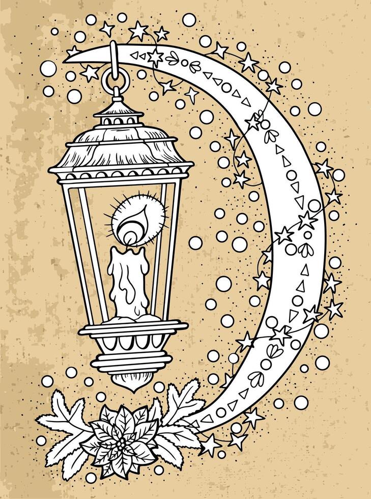 Hand drawn illustration with vintage old lantern and decorated moon against textured background. Esoteric, gothic and mystic object or element. Halloween and New Year concept. vector