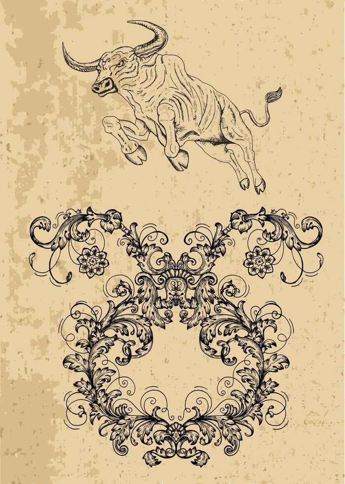 Bull Zodiac Sign and fantasy mascot on texture. Collection of characters and astrological symbols in victorian style. Line art illustration for Horoscope, Esoteric and Mystic design vector