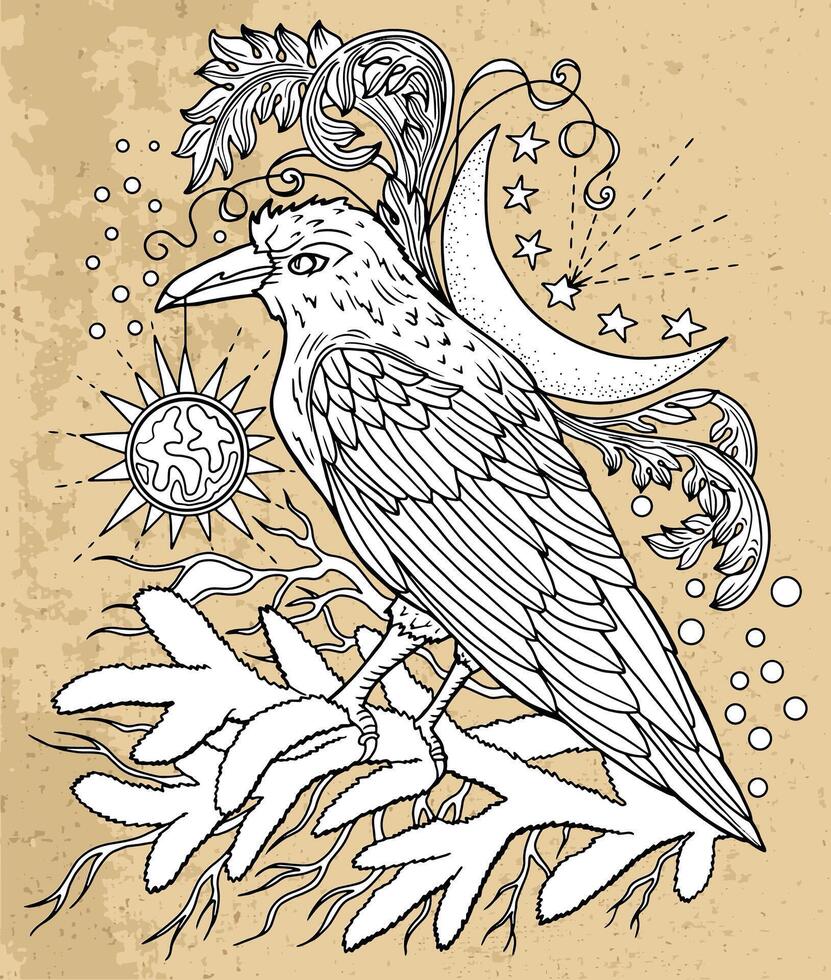 Hand drawn illustration with epic crow, moon and conifer branches against textured background. Esoteric, gothic and mystic object or element. Halloween and New Year concept. vector