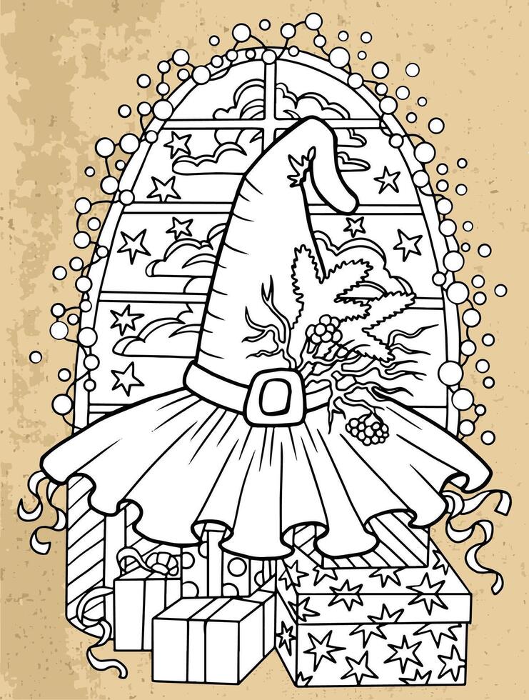 Hand drawn illustration with decorated witch hat and gifting boxes against window with lights on textured background. Esoteric, gothic and mystic object or element. Halloween and New Year concept. vector