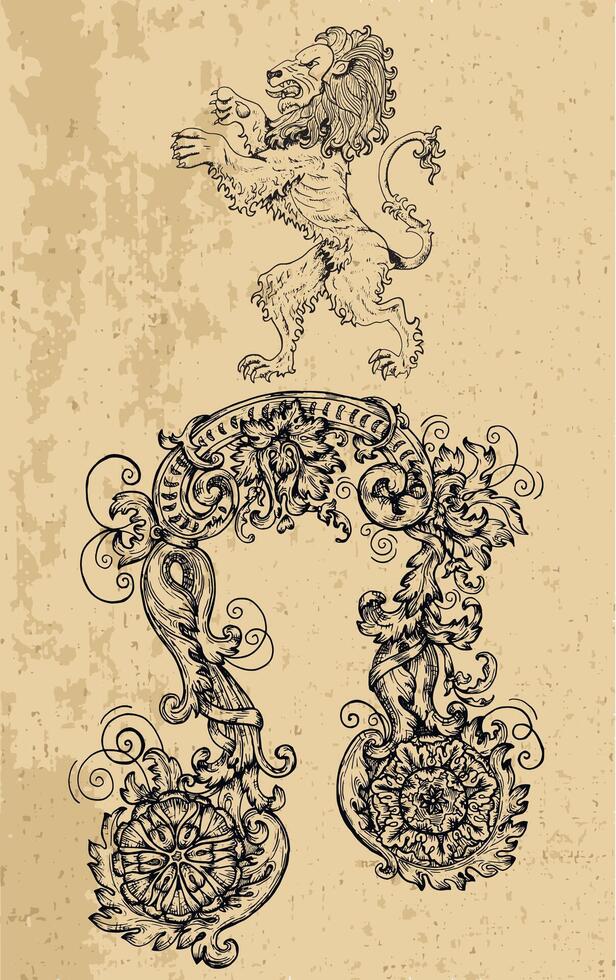 Lion Zodiac Sign and fantasy mascot on texture. Collection of characters and astrological symbols in victorian style. Line art illustration for Horoscope, Esoteric and Mystic design vector