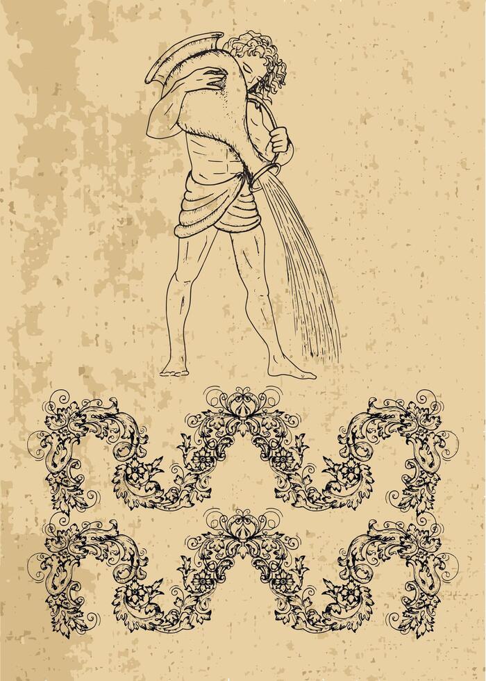 Aquarius Zodiac Sign and fantasy mascot on texture. Collection of characters and astrological symbols in victorian style. Line art illustration for Horoscope, Esoteric and Mystic design vector