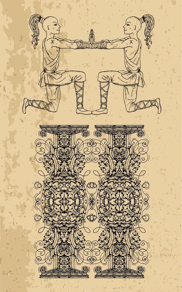 Twins or Gemini Zodiac Sign and fantasy mascot on texture. Collection of characters and astrological symbols in victorian style. Line art illustration for Horoscope, Esoteric and Mystic design vector