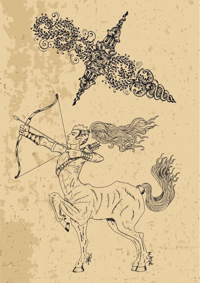 Sagittarius Zodiac Sign and fantasy mascot on texture. Collection of characters and astrological symbols in victorian style. Line art illustration for Horoscope, Esoteric and Mystic design vector