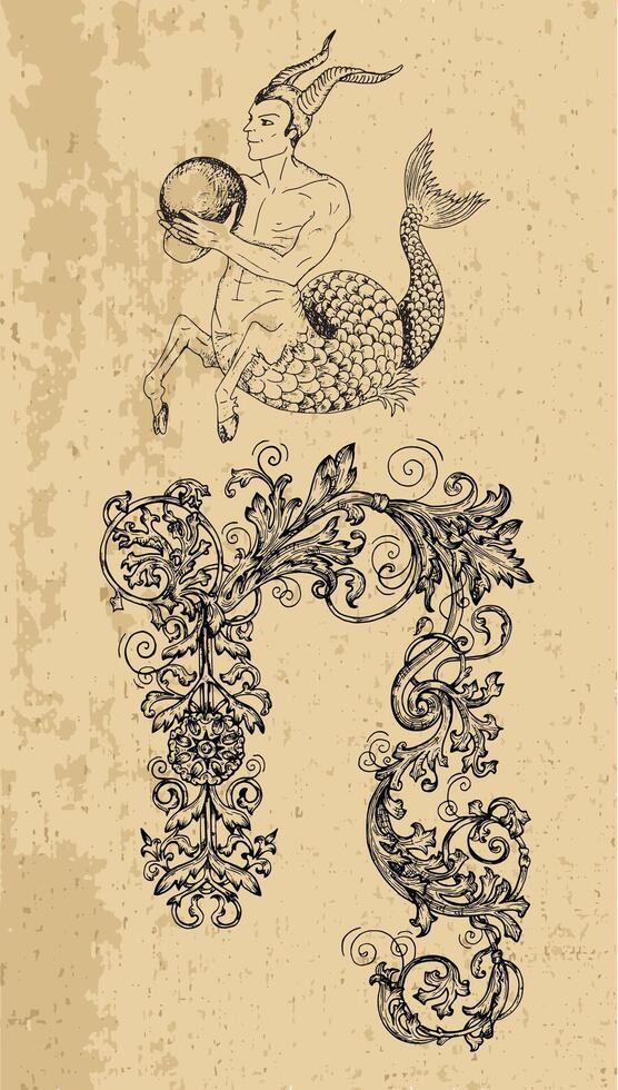Capricorn Zodiac Sign and fantasy mascot on texture. Collection of characters and astrological symbols in victorian style. Line art illustration for Horoscope, Esoteric and Mystic design vector
