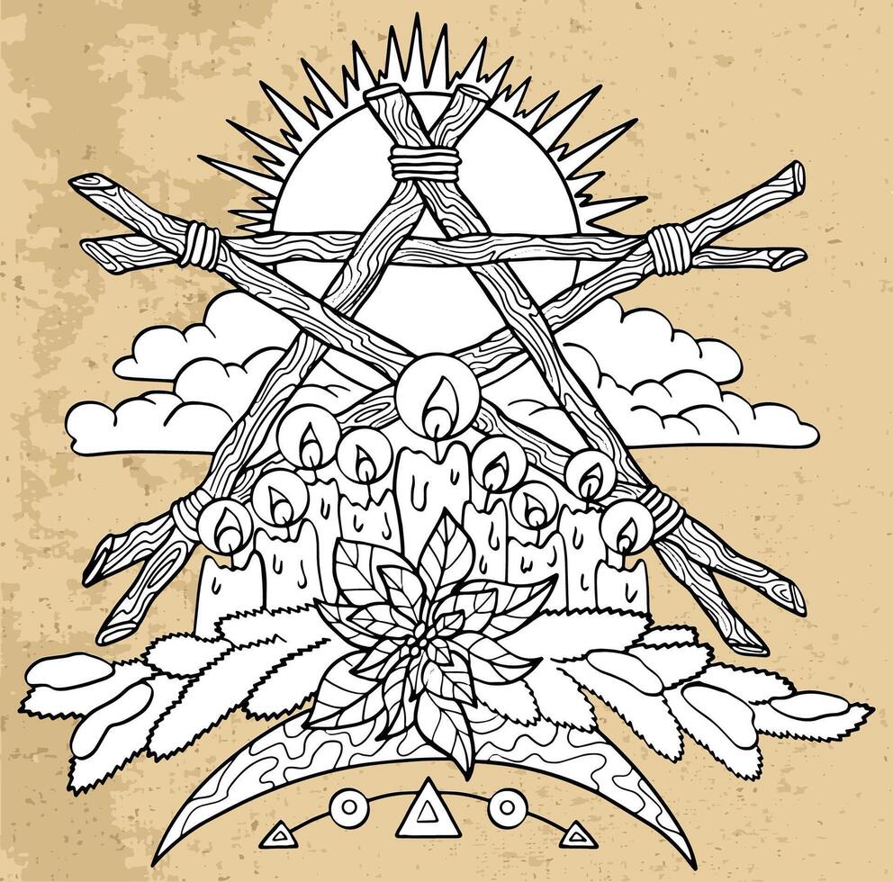 Hand drawn illustration with pentagram, moon and candles against textured background. Esoteric, gothic and mystic object or element. Halloween and New Year concept. vector