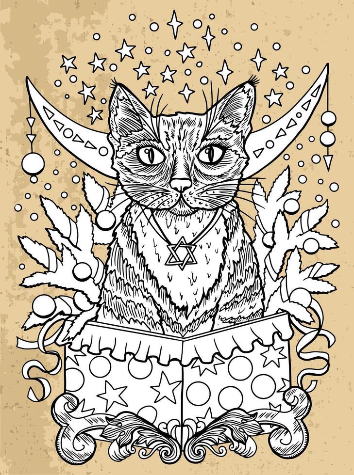 Hand drawn line art illustration with cat sitting in gifting box against texture background. Esoteric, gothic and mystic object or element. Halloween and New Year concept. vector