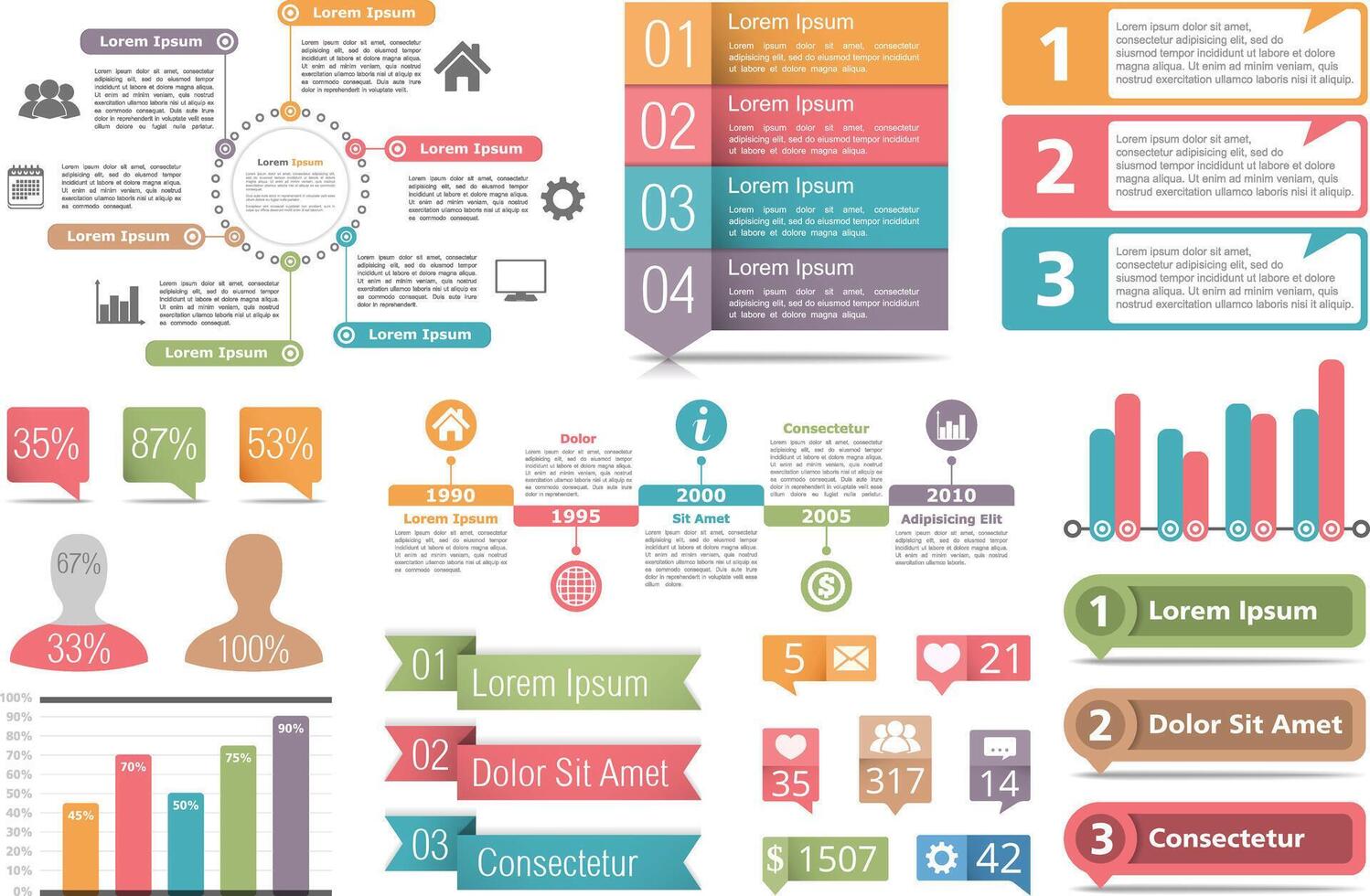 Set of infographic elements - circle diagram, bar graphs, objects with numbers and percents, timeline, buttons vector