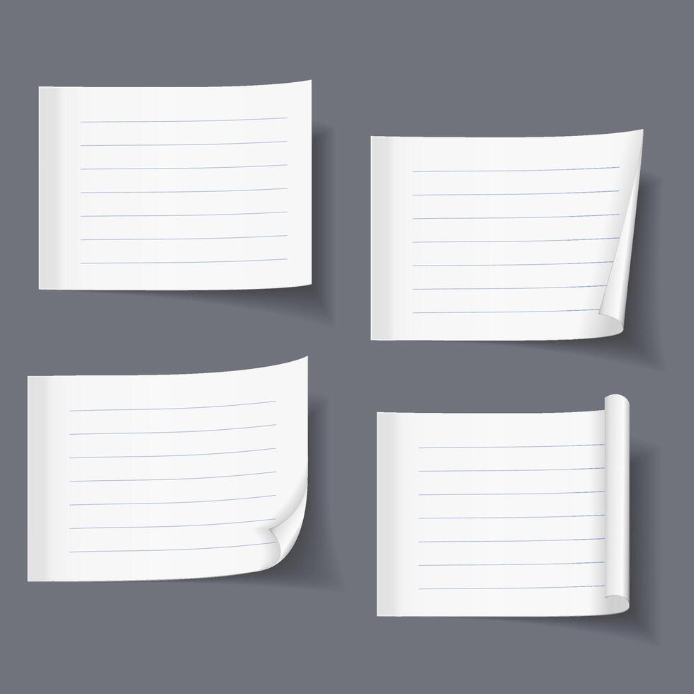 Lined sticky notes set, blank lined paper, lined paper with curl vector