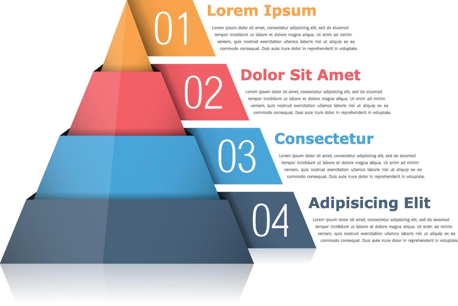 Pyramid chart with four elements with numbers and text, pyramid infographic template vector