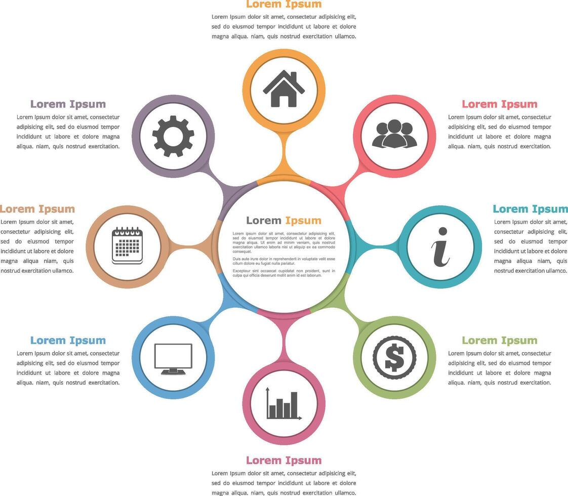 Circle diagram with eight elements with icons and text, flow chart template, business infographics vector