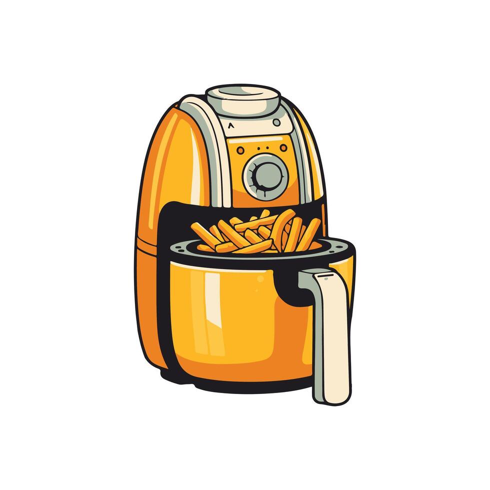 An orange air fryer with fries inside vector