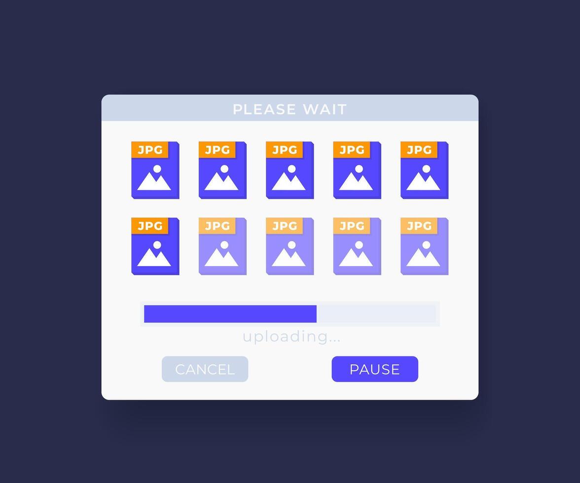 Upload jpg files window with progress bar, interface vector