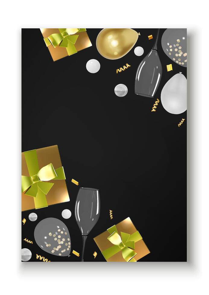 Realistic 3D golden gift box and champagne glasses festive design vector