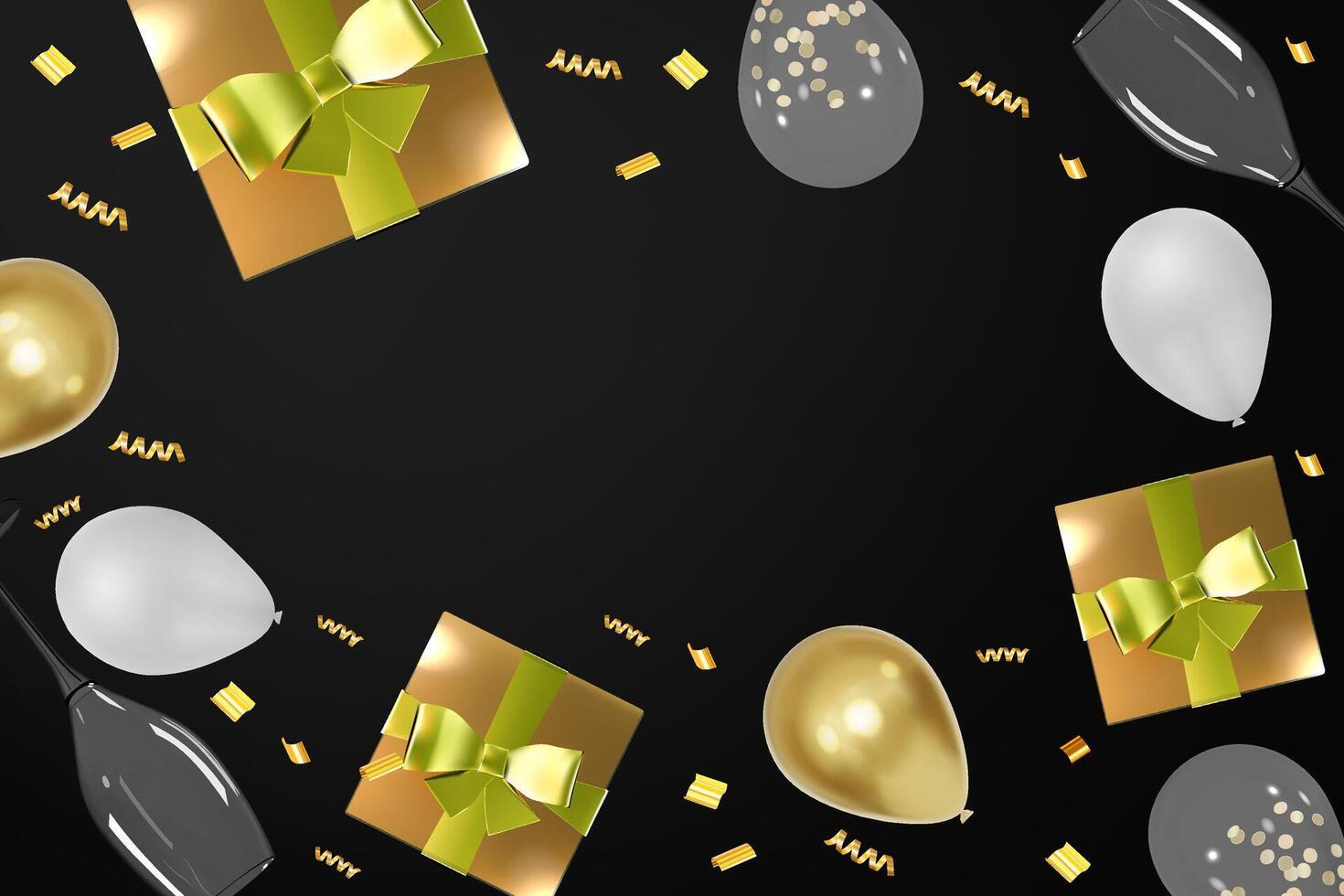 Realistic 3D golden gift box and champagne glasses festive frame design vector