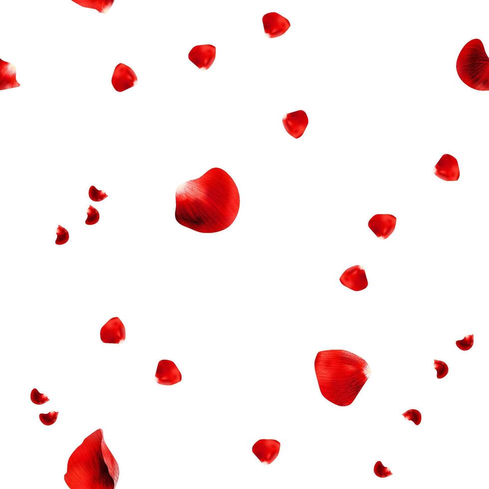 Realistic red rose petals flying around seamless pattern vector
