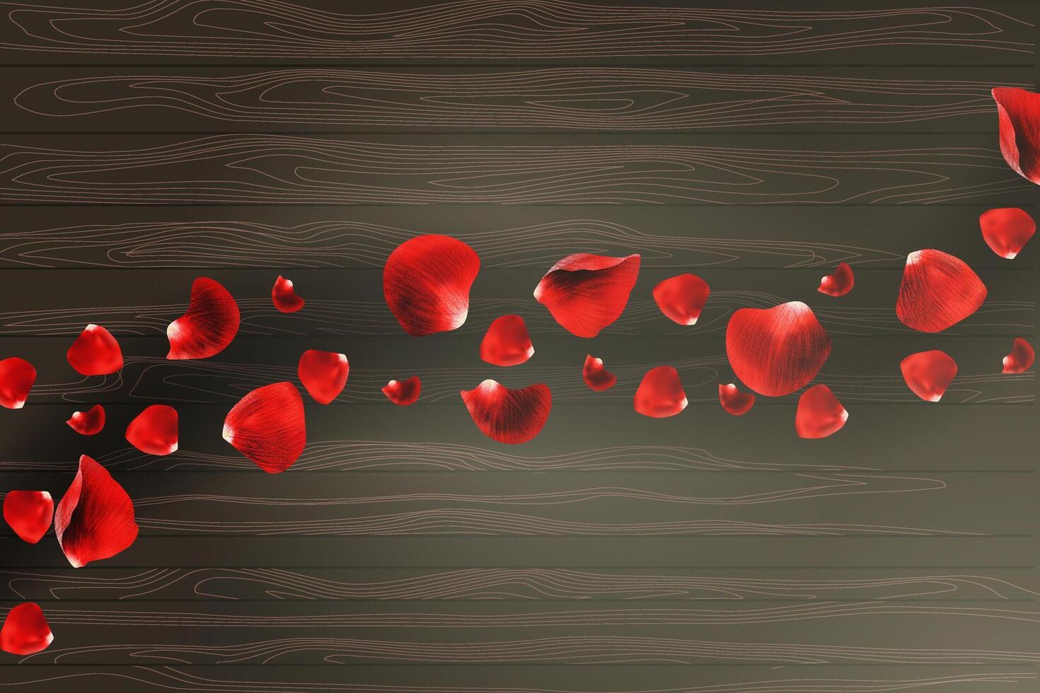Realistic red rose petals on wooden texture vector