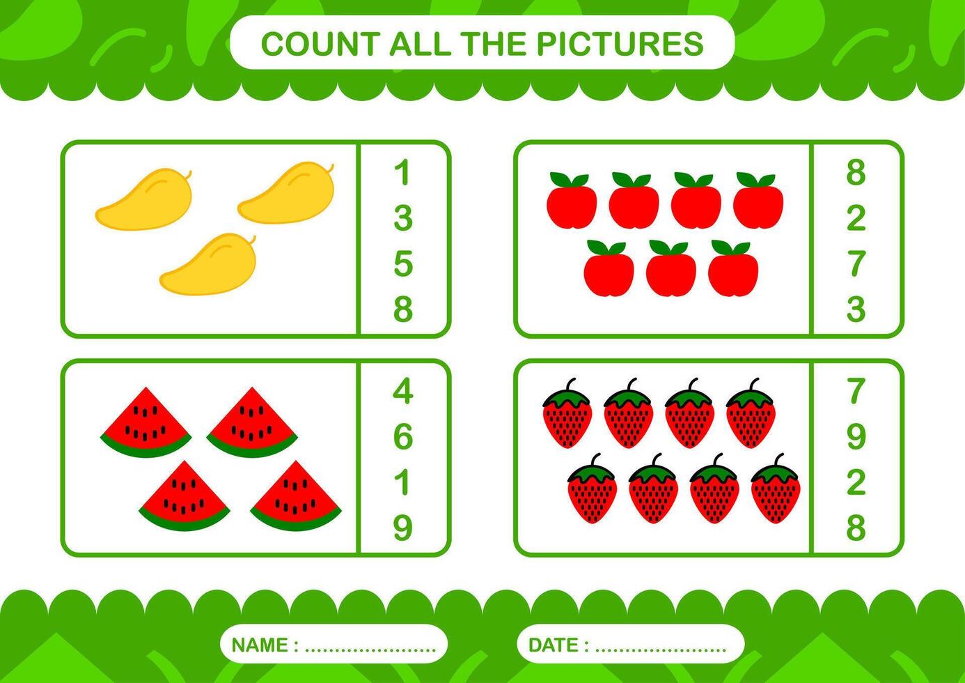 Printable worksheet Number count and match with green background vector