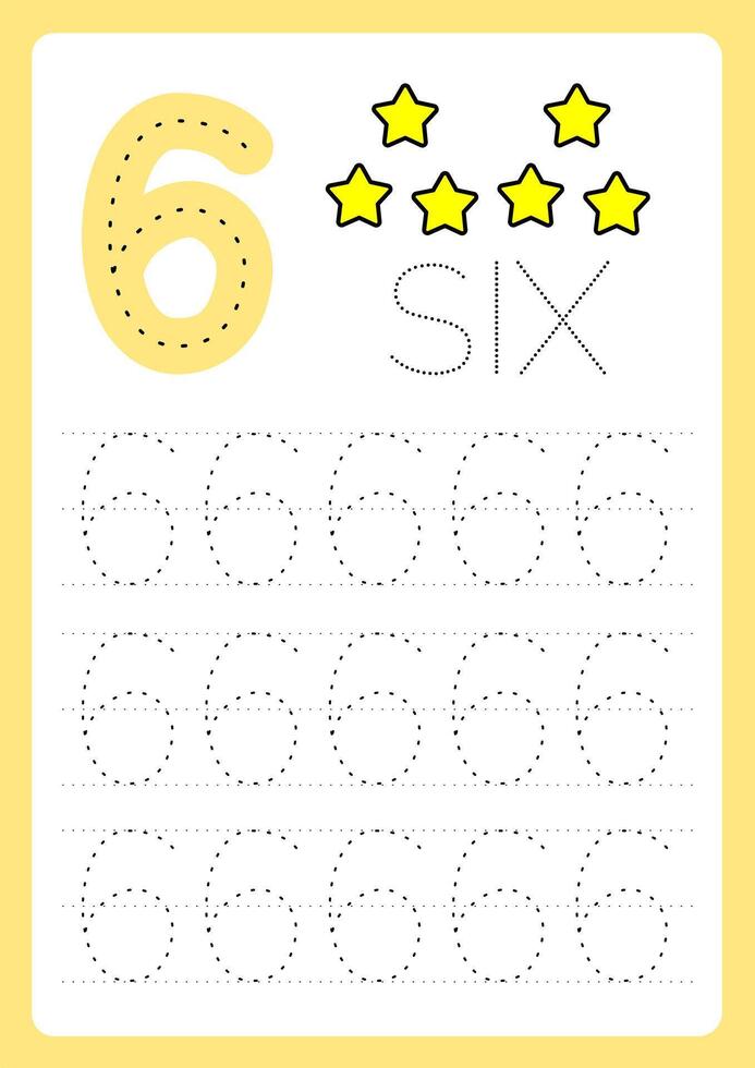 flashcard number six 6 learn write number with guide lines and illustration vector