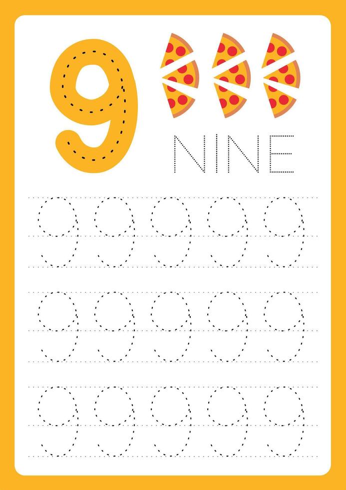 flashcard number nine 9 learn write number with guide lines and illustration vector