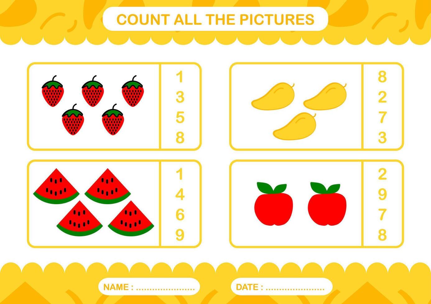 imprimible hoja de cálculo número contar y partido con frutas para jardín de infancia y preescolar, impresión Talla a4 amarillo color vector