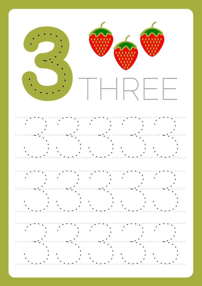 flashcard number three learn write number with guide lines and illustration vector