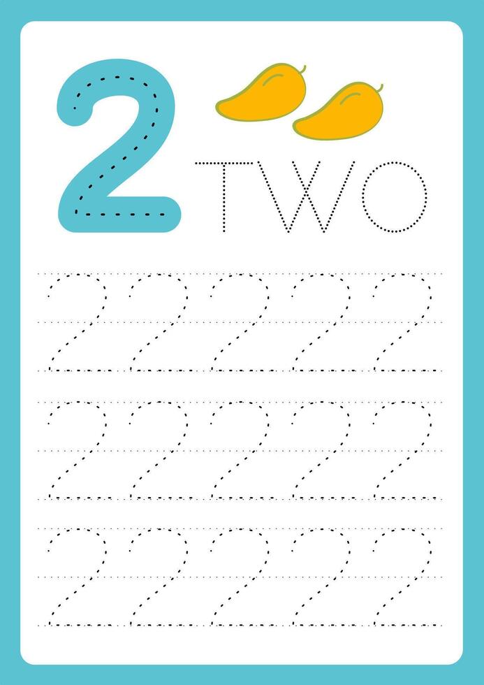 flashcard number two 2 learn write number with guide lines and illustration vector