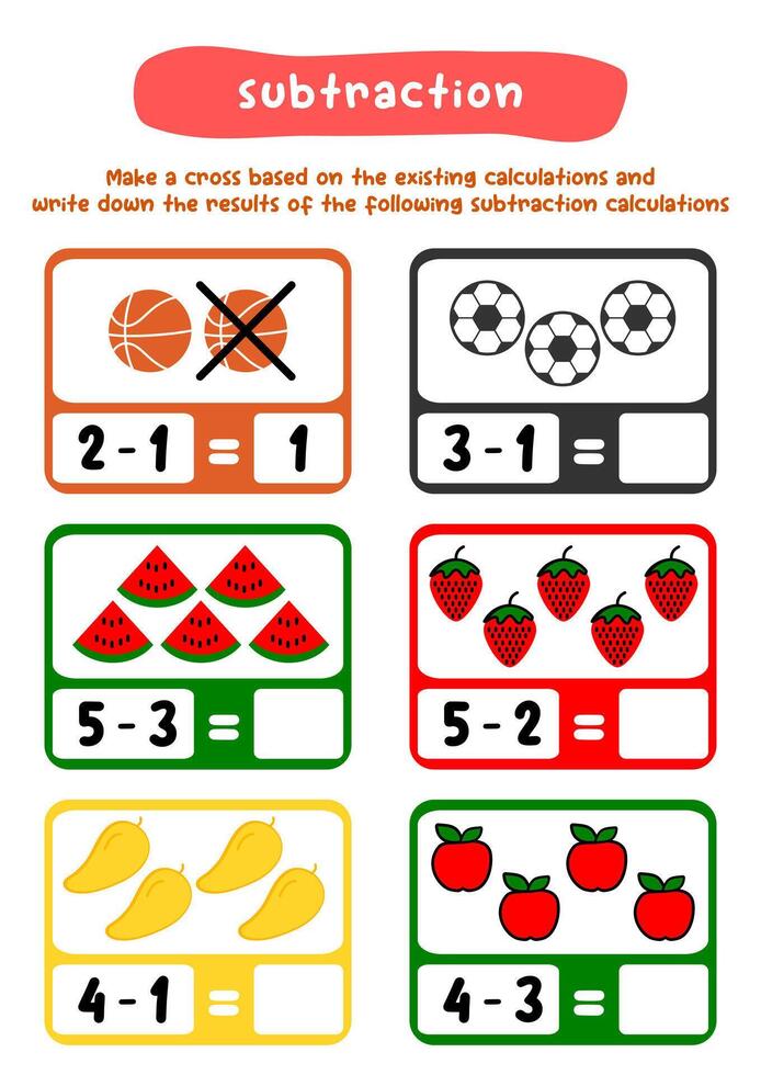 subtraction calculate with illustration Printable worksheet vector