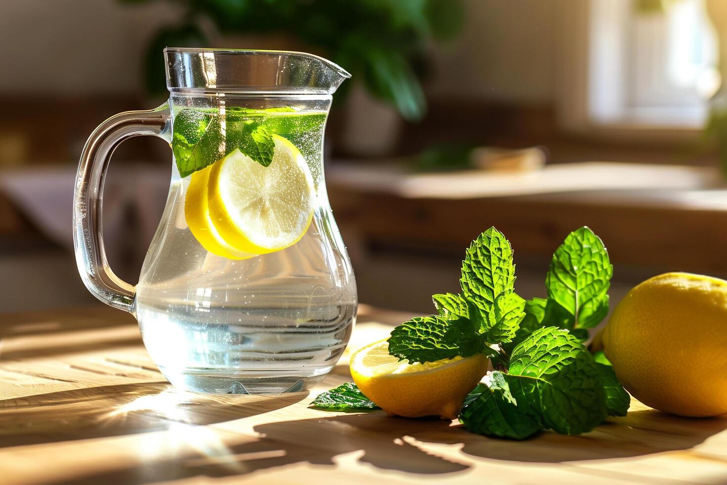A pitcher of water with lemons and mint photo