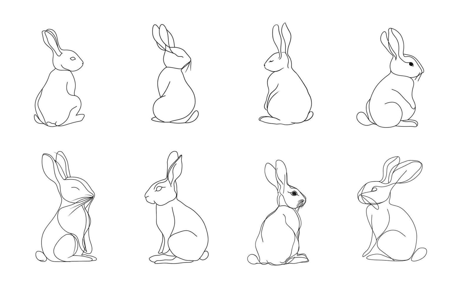 Set of rabbits, Easter bunny set in simple one-line style. Rabbit icon. Black and white minimal concept illustration. vector