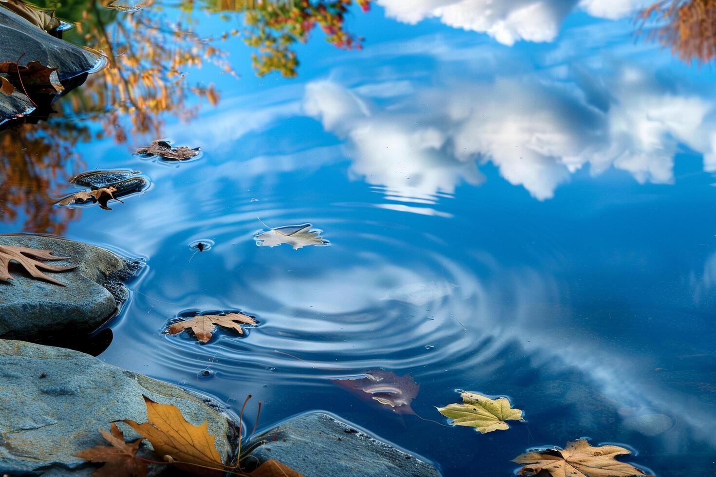 A blue sky with clouds reflected in a pond photo