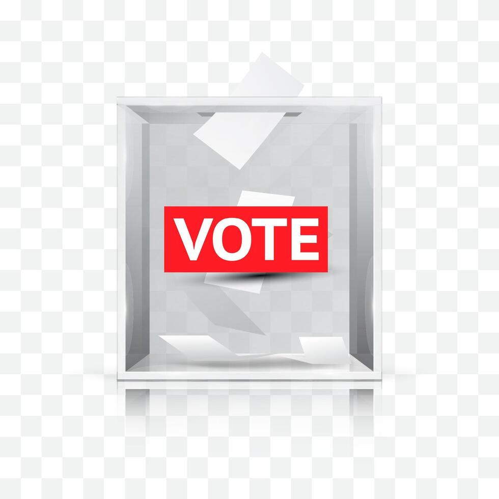 Realistic glass ballot box with text Vote on checkered background. Voting white paper in hole. Transparent voting container with a falling ballot paper. Ballots inside. vector