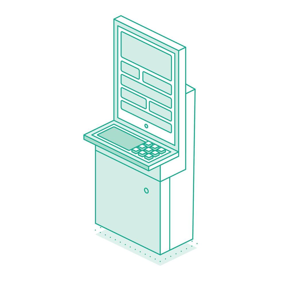 Isometric interactive kiosk. Self service terminal in bank or on train station isolated on white background. Providing information. vector