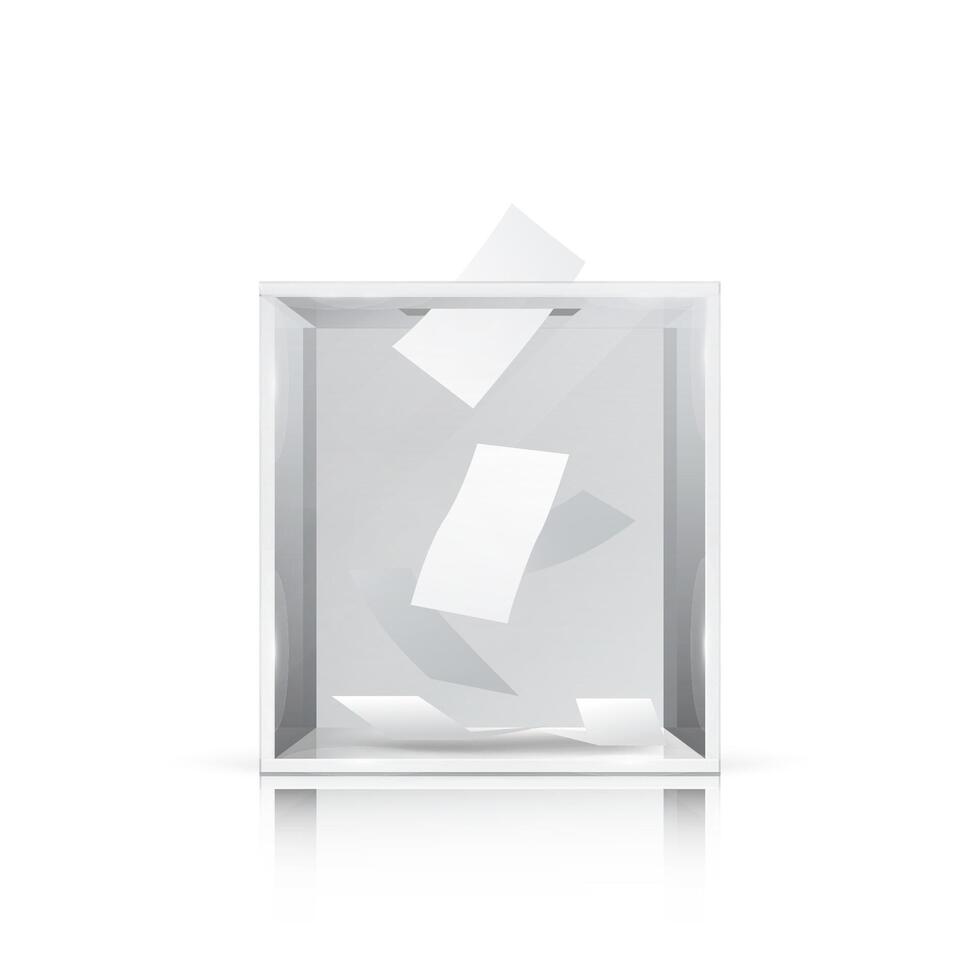 Realistic glass ballot box. Voting white paper in hole. Transparent voting container with a falling ballot paper. Ballots inside. vector