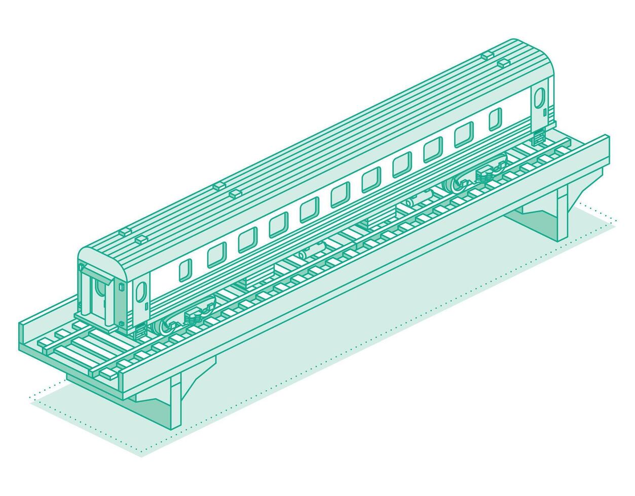 Isometric passenger railroad car on bridge. Object isolated on white background. Railway. Wagon on rails. Outline passenger carriage. vector