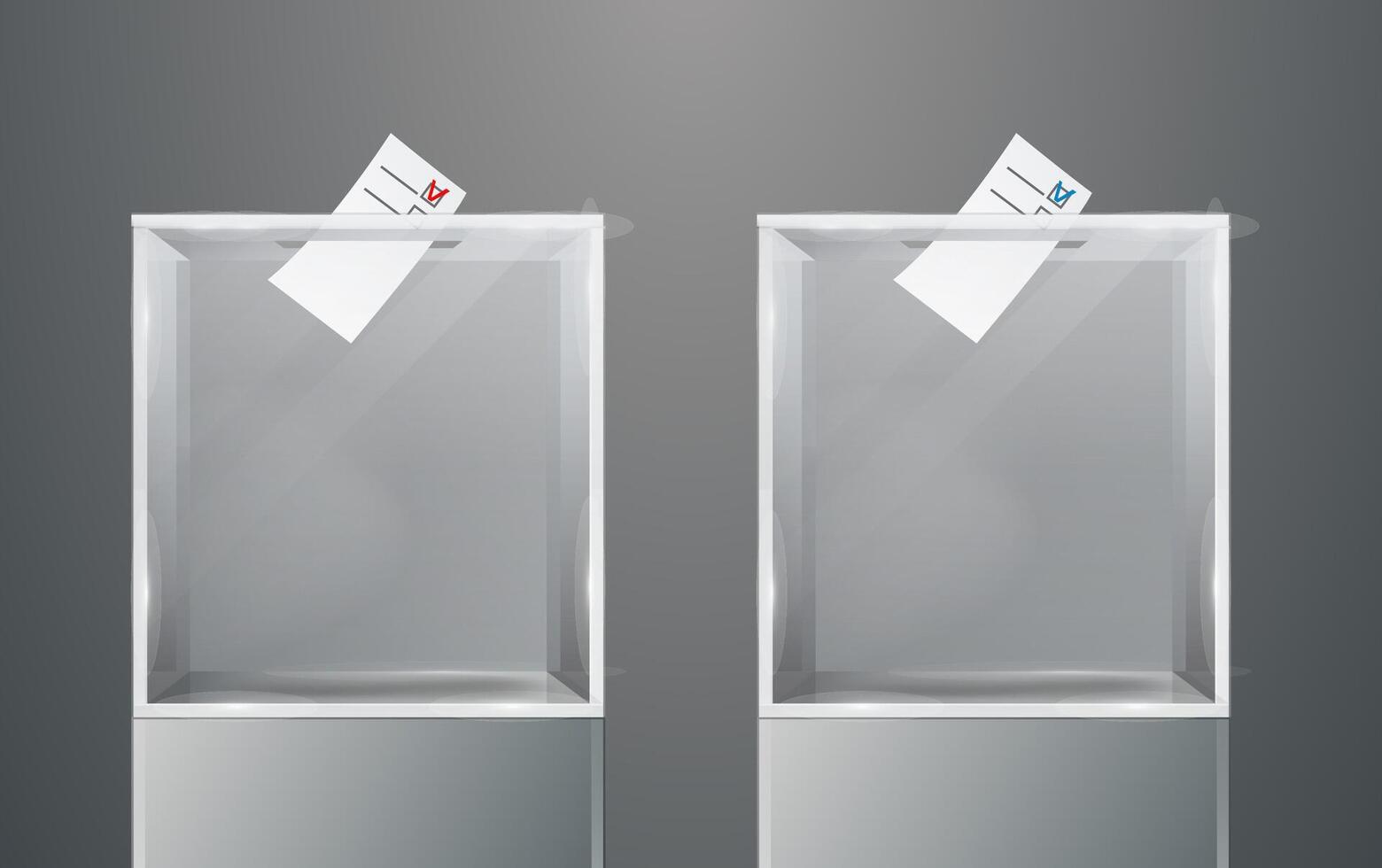Two realistic empty transparent ballot box with marked ballot in hole. One ballot with red check mark, other with blue. vector