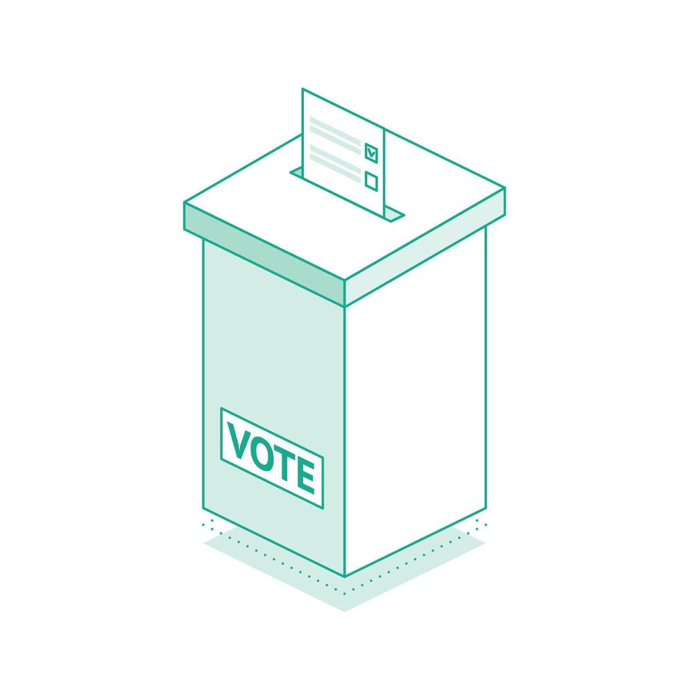 Isometric ballot box at a polling station. Outline object isolated on white background. Inserted ballot with check mark in hole. vector