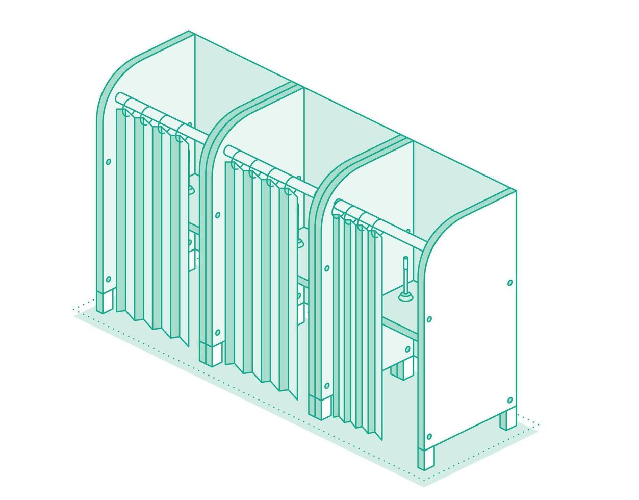 Isometric separated voting booths with close and open curtains and pen on desk. Interior of polling station. Outline objects. vector