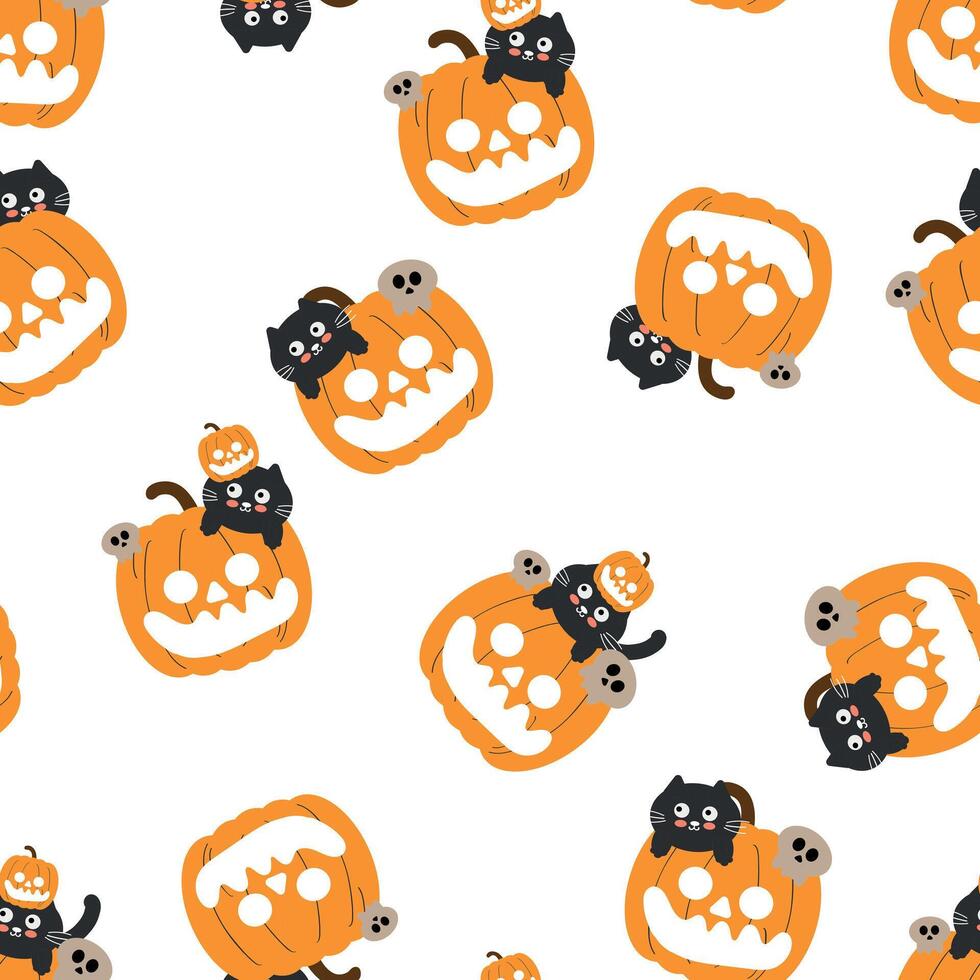 Seamless pattern cartoon cat with halloween vibes. cute halloween wallpaper for fabric print, gift wrap paper vector