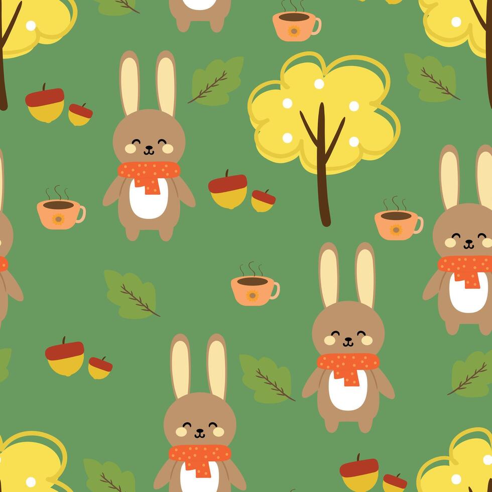 Seamless pattern cartoon rabbit with autumn vibes. cute autumn fall wallpaper for fabric print, gift wrap paper vector