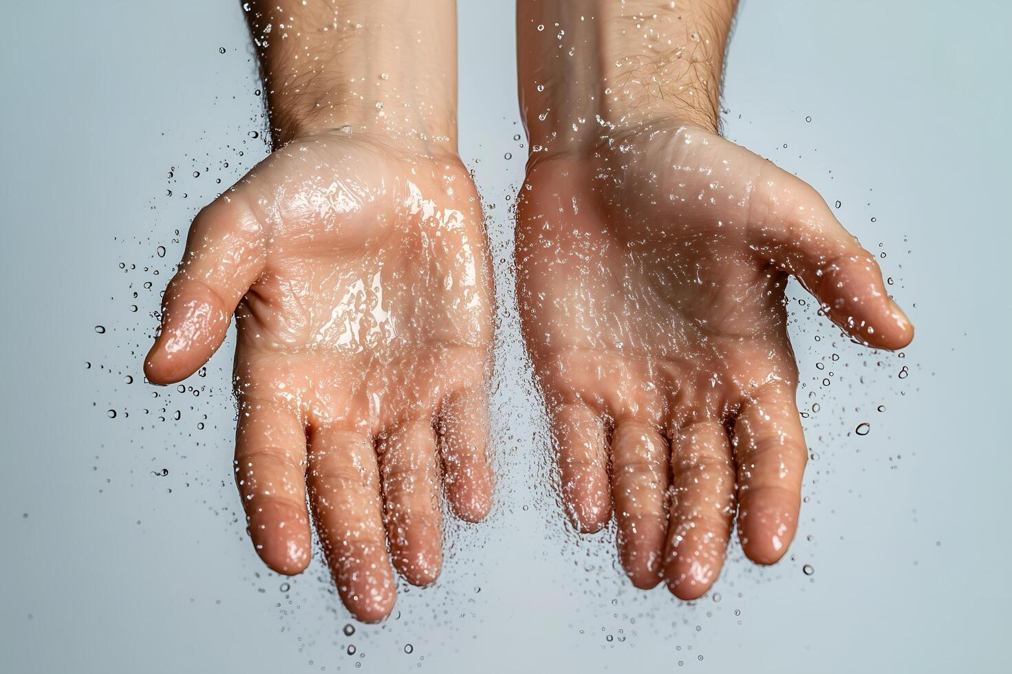A pair of sweaty hands with water droplets splashing around them. photo