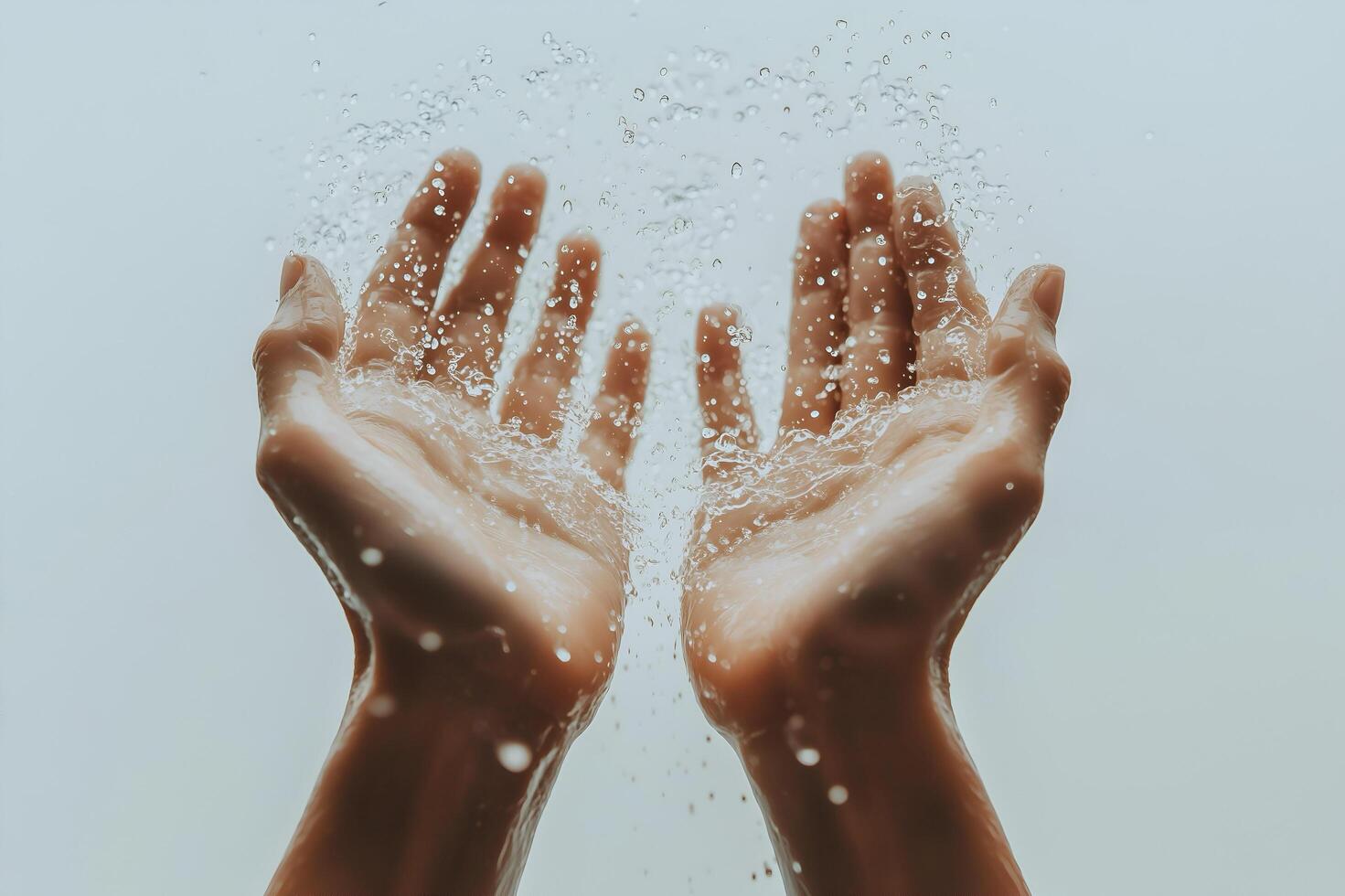 A pair of sweaty hands with water droplets splashing around them. photo