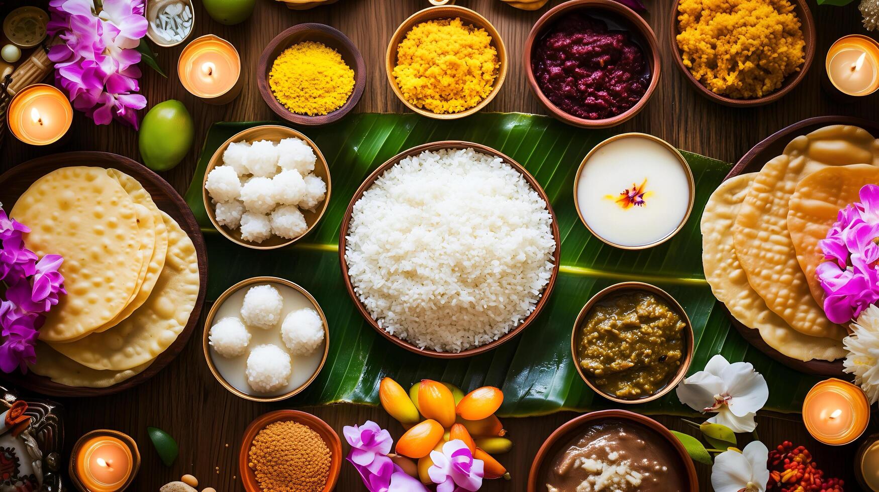 Indian offerings of riceballs, kheer, dal, and chapati prepared for Pitru Paksha. photo