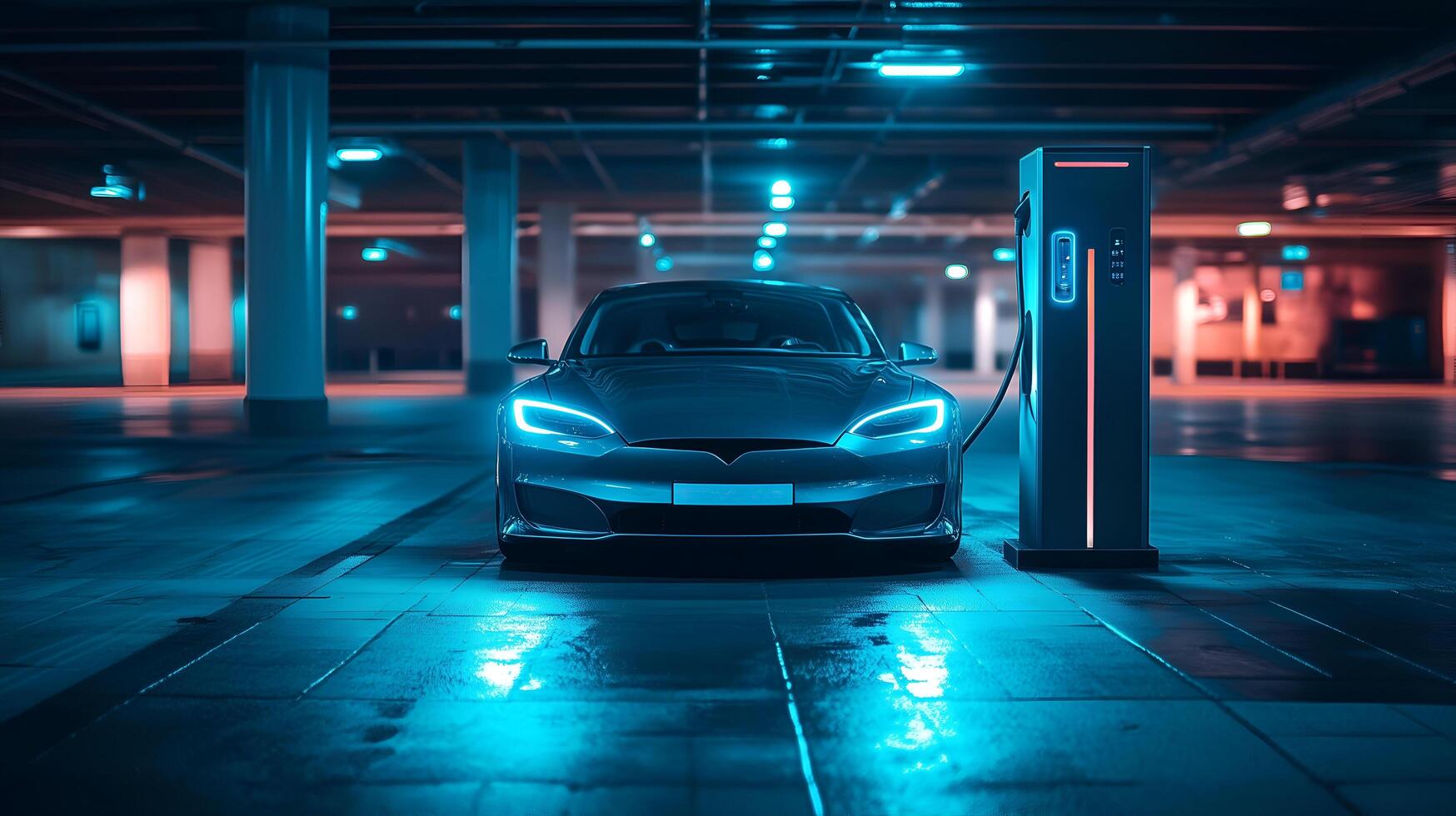 An electric vehicle charges, showcasing modern, eco-friendly technology. photo