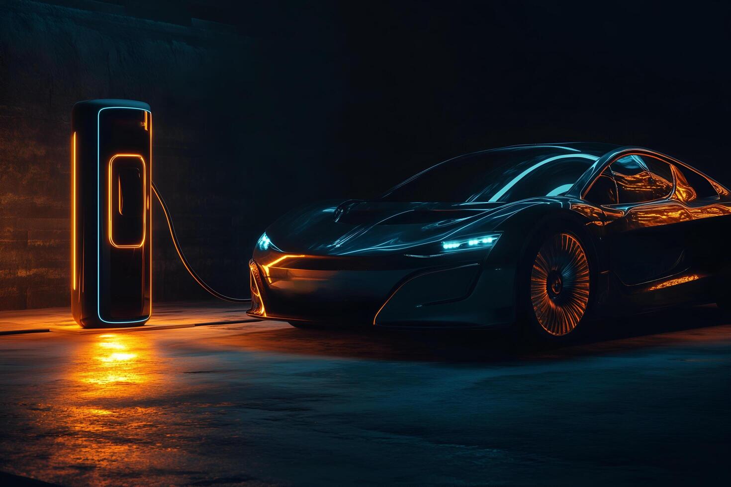 An electric vehicle charges, showcasing modern, eco-friendly technology. photo