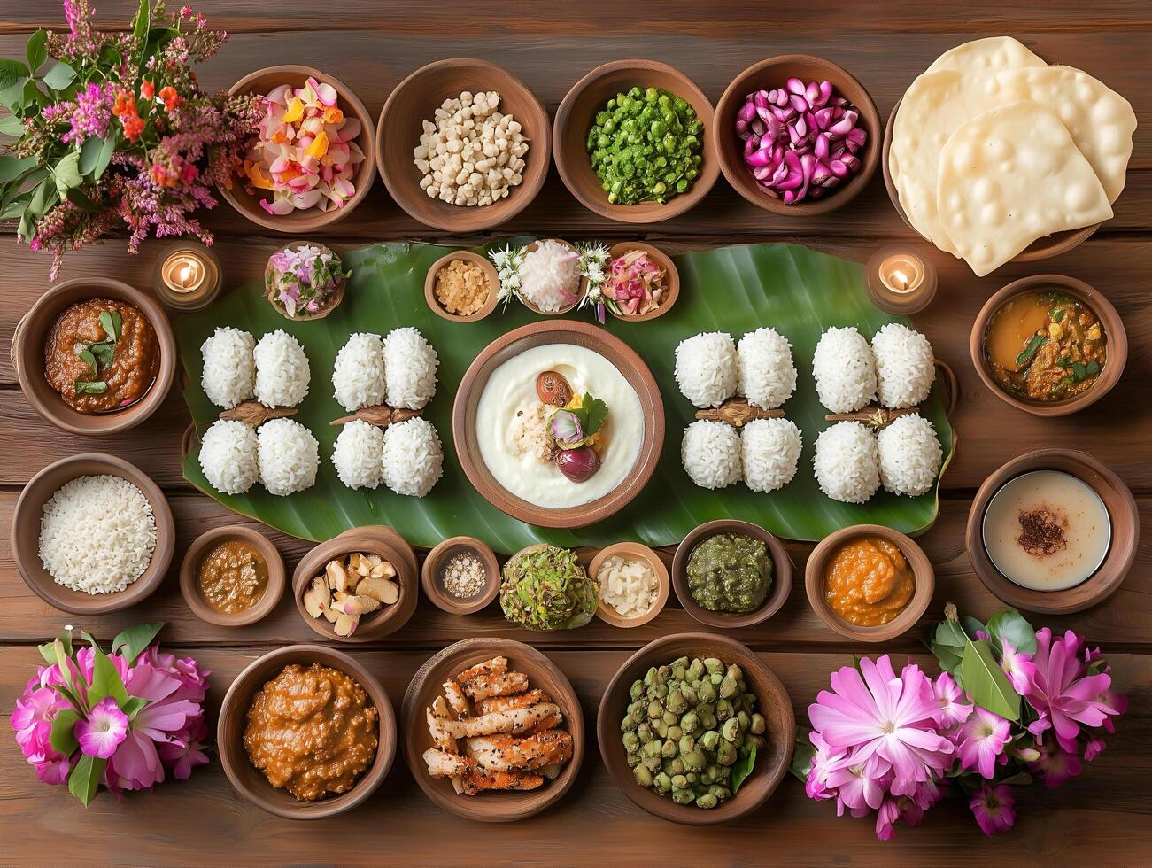 Indian offerings of riceballs, kheer, dal, and chapati prepared for Pitru Paksha. photo