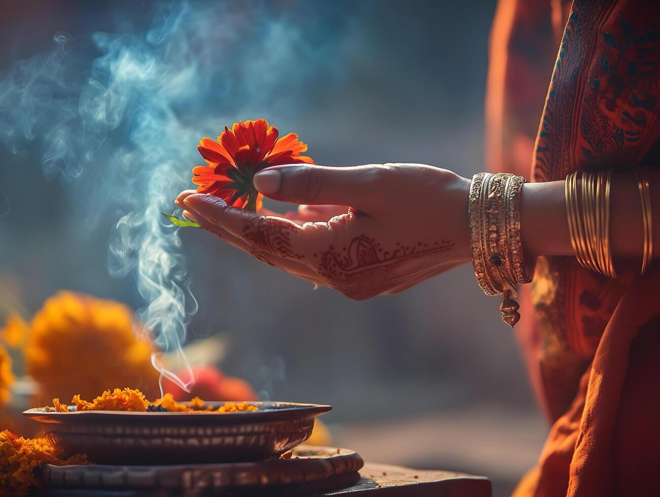A hand holding marigold flowers during a ritual in Pitru Paksha. photo